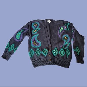 Vintage-Inspired Navy Cardigan with Paisley Accents
